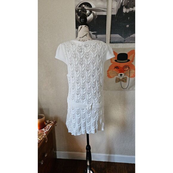 Heather B Crochet Belted Button Up Cardigan White Women's L - Picture 3 of 6